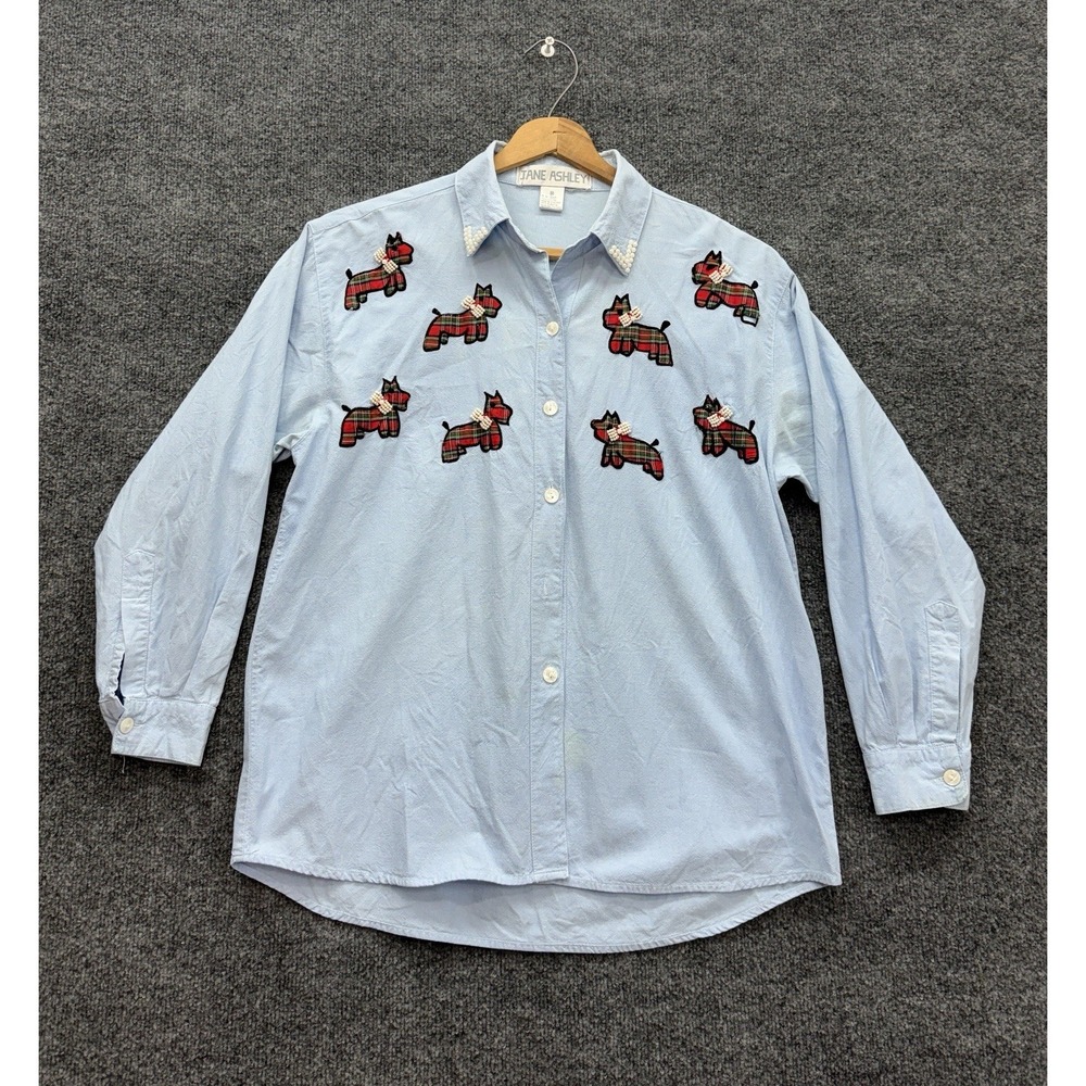 Vintage 90s Jane Ashley Scottie Dog Plaid Applique Pearl Beaded Shirt M Cottage
